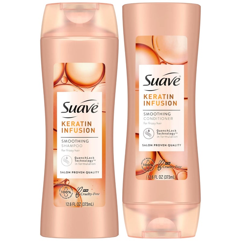 Suave مجموعة شامبو وبلسم سوفي، حقن الكيراتين، تنعيم - علاج شعر الكيراتين ومزيل التشابك، تحكم في التجاعيد لمدة 48 ساعة، منتجات شعر مضادة للتجاعيد، 12.6 أونصة لكل منهما (مجموعة من قطعتين) - Image 1