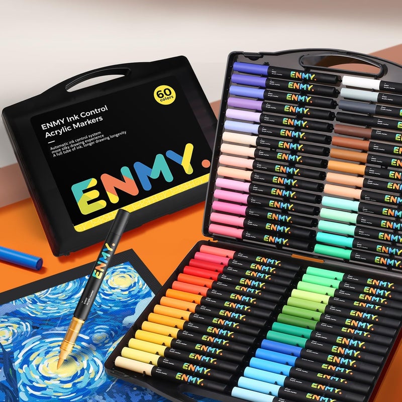 ENMY 60 Pcs Acrylic Paint Markers Liquid Direct for Textile, Canvas, Rock, Glass, Wood, Paper, DIY, Acrylic Coloring Markers - Image 1