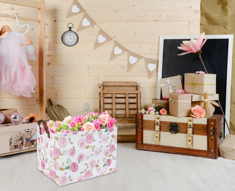 DDBASKET Rose Pink Baby Basket Nursery Baskets Girl Baby Storage Bins Rectangular Cute Kids Toy Storage Bin Organizer Book Shelf Basket Rose Room Decor(Pink Rose) - Image 3