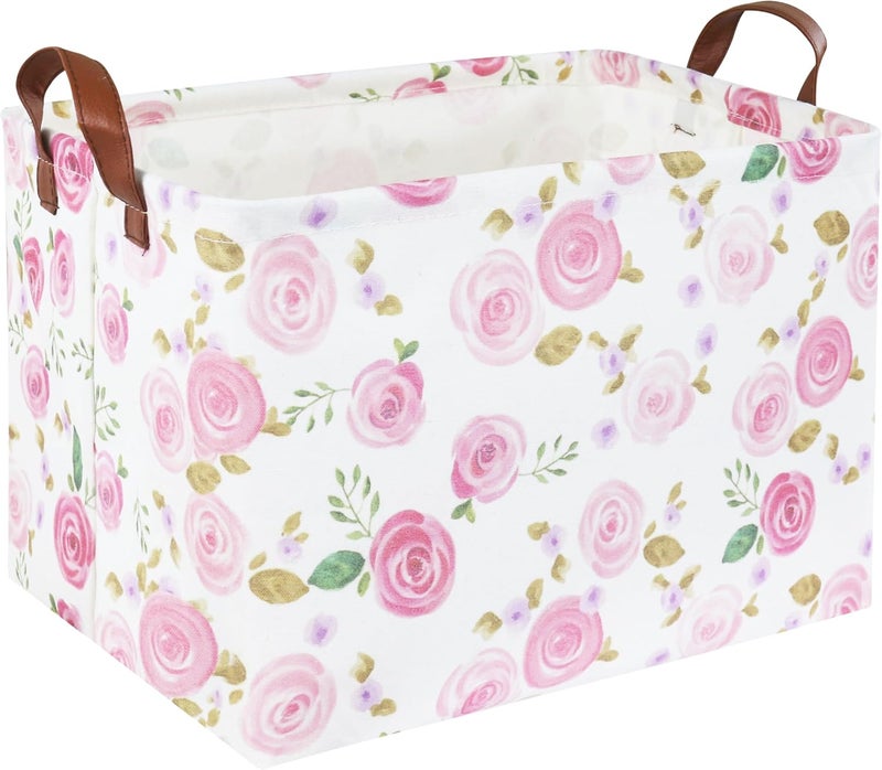 DDBASKET Rose Pink Baby Basket Nursery Baskets Girl Baby Storage Bins Rectangular Cute Kids Toy Storage Bin Organizer Book Shelf Basket Rose Room Decor(Pink Rose) - Image 1