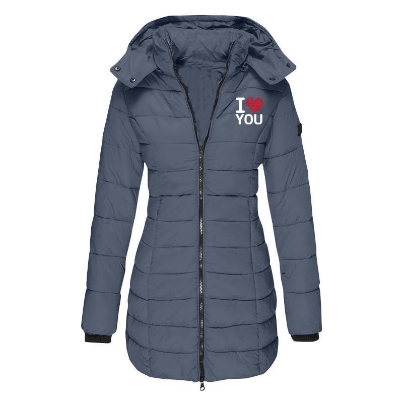 European Size Winter Women'S Cotton-Padded Jacket Mid-Length Slim-Fit Cotton-Padded Jacket Warm Solid Color Hooded Cotton-Padded Jacket Printing - Image 3