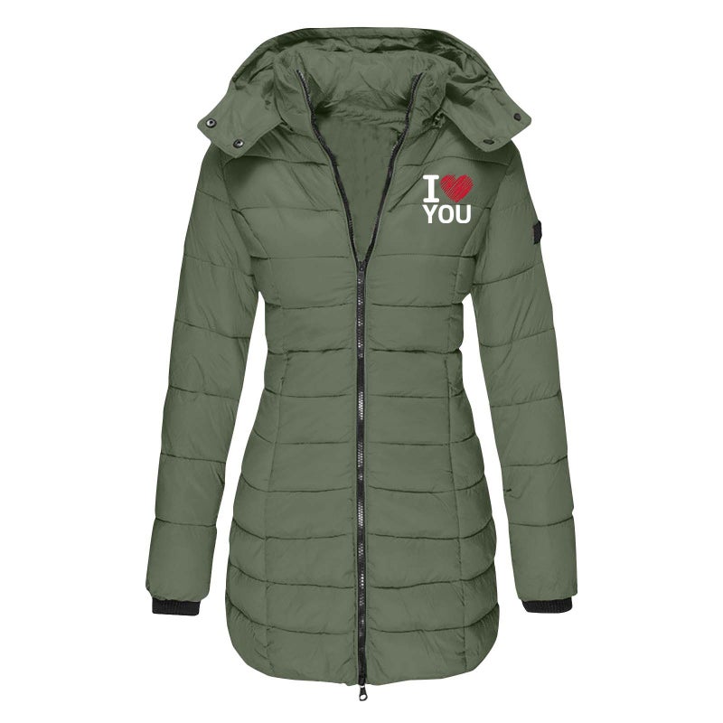 European Size Winter Women'S Cotton-Padded Jacket Mid-Length Slim-Fit Cotton-Padded Jacket Warm Solid Color Hooded Cotton-Padded Jacket Printing - Image 4