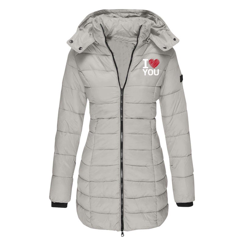 European Size Winter Women'S Cotton-Padded Jacket Mid-Length Slim-Fit Cotton-Padded Jacket Warm Solid Color Hooded Cotton-Padded Jacket Printing - Image 2
