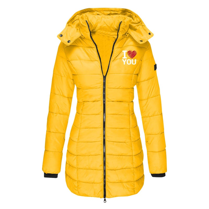 European Size Winter Women'S Cotton-Padded Jacket Mid-Length Slim-Fit Cotton-Padded Jacket Warm Solid Color Hooded Cotton-Padded Jacket Printing - Image 1