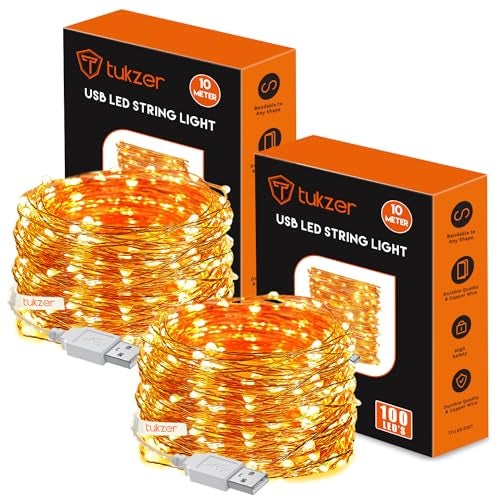 Tukzer 10 Meter Copper LED Fairy String Lights with USB, High Brightness, Low Power Consumption, Indoor Outdoor Decoration, Christmas Decor, LED Strip Light for Party Light, Warm White (Pack of 2) - Image 1