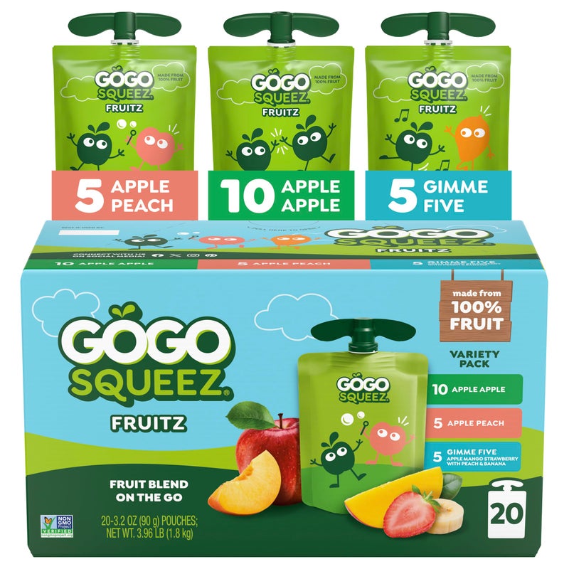 GoGo squeeZ Applesauce and Fruit Puree Variety Pack Apple Peach  Gimme Five 32 oz Pack of 20 Unsweetened Fruit Snacks for Kids Gluten Free Nut Free BPA Free Pouches Packaging May Vary - Image 3