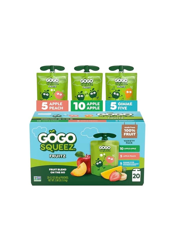 GoGo squeeZ Applesauce and Fruit Puree Variety Pack Apple Peach  Gimme Five 32 oz Pack of 20 Unsweetened Fruit Snacks for Kids Gluten Free Nut Free BPA Free Pouches Packaging May Vary - Image 1