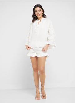 Ginger Cotton Oversize Tie Up Detail Blouse & Short Coord Set  - Image 5