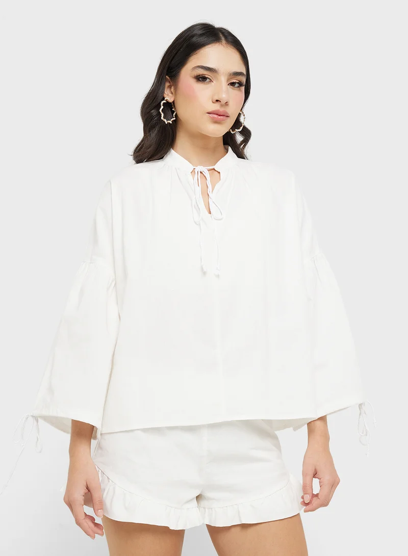 Ginger Cotton Oversize Tie Up Detail Blouse & Short Coord Set