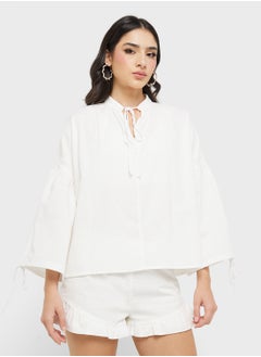 Ginger Cotton Oversize Tie Up Detail Blouse & Short Coord Set  - Image 3