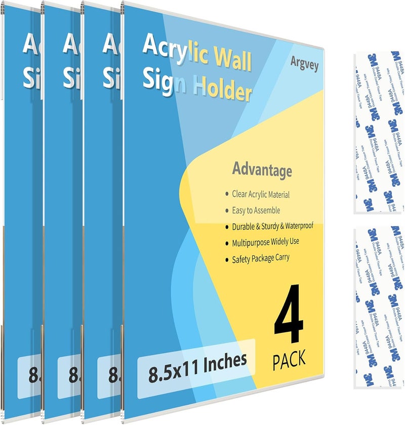 Argvey Acrylic Sign Holder 8.5 X 11 inch Wall Mount, 4-Pack Clear Plastic Paper Sign Holder with 3M Tape, Menu Advertising Flyer Display for Restaurant, Hotel, Office and Store - Image 1