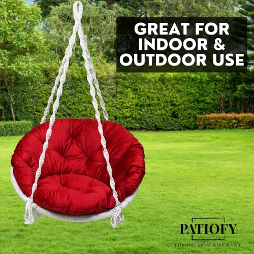 Patiofy Premium Cotton Round Shaped Swing For Adults/Jhula For Adults/Swing For Balcony/Hammock Swing/ 150Kgs Weight Capacity/Includes Large Red Sitting Cushion (White-32Inches) - Image 2