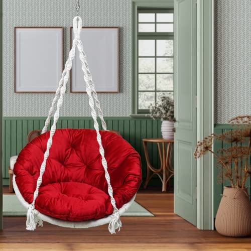 Patiofy Premium Cotton Round Shaped Swing For Adults/Jhula For Adults/Swing For Balcony/Hammock Swing/ 150Kgs Weight Capacity/Includes Large Red Sitting Cushion (White-32Inches) - Image 1