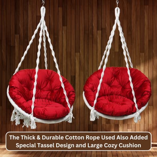 Patiofy Premium Cotton Round Shaped Swing For Adults/Jhula For Adults/Swing For Balcony/Hammock Swing/ 150Kgs Weight Capacity/Includes Large Red Sitting Cushion (White-32Inches) - Image 5