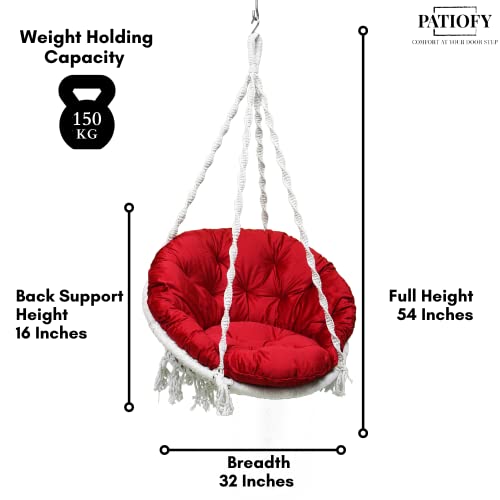 Patiofy Premium Cotton Round Shaped Swing For Adults/Jhula For Adults/Swing For Balcony/Hammock Swing/ 150Kgs Weight Capacity/Includes Large Red Sitting Cushion (White-32Inches) - Image 3