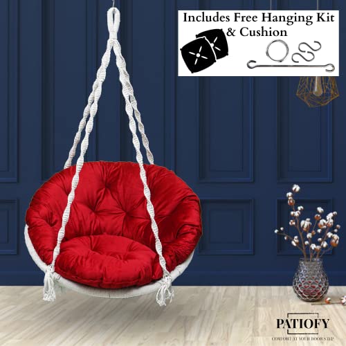 Patiofy Premium Cotton Round Shaped Swing For Adults/Jhula For Adults/Swing For Balcony/Hammock Swing/ 150Kgs Weight Capacity/Includes Large Red Sitting Cushion (White-32Inches) - Image 4