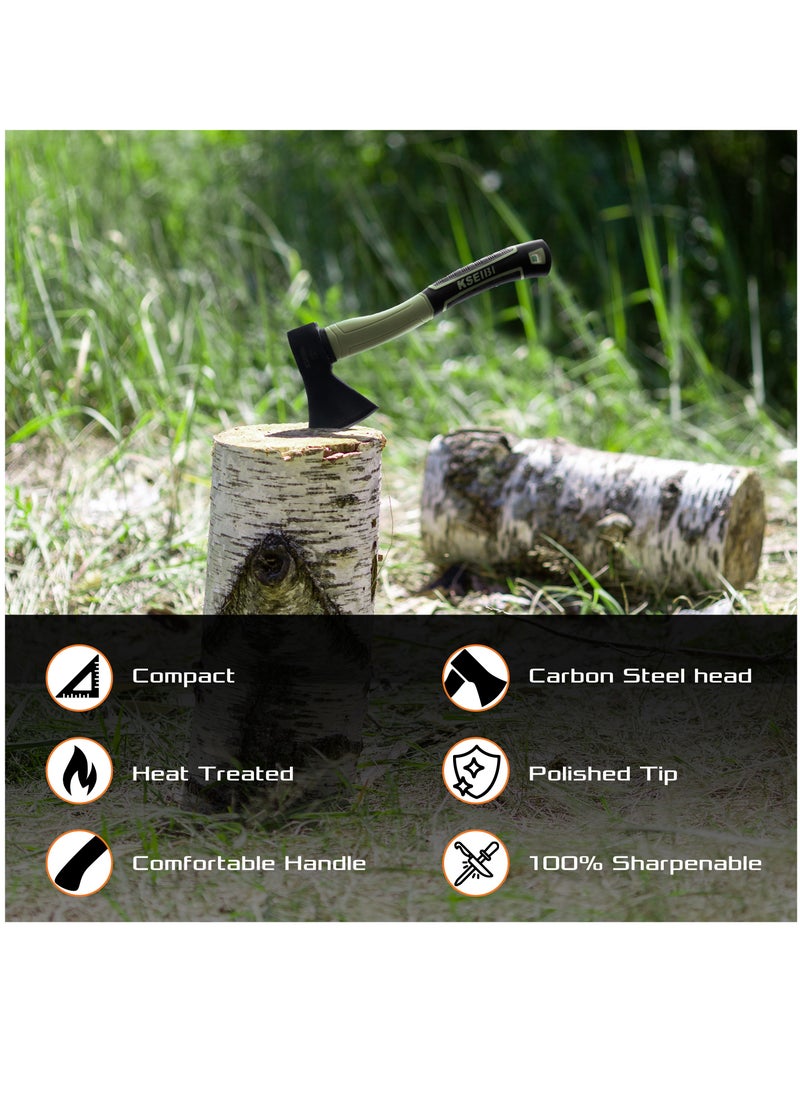 KSEIBI - Green Camp Hatchet with Sheath, Camping Axe for Splitting and Kindling Wood, Forged Steel Blade with Anti-Slip and Shock Reduction Handle Great Throwing Hatchets - Image 1