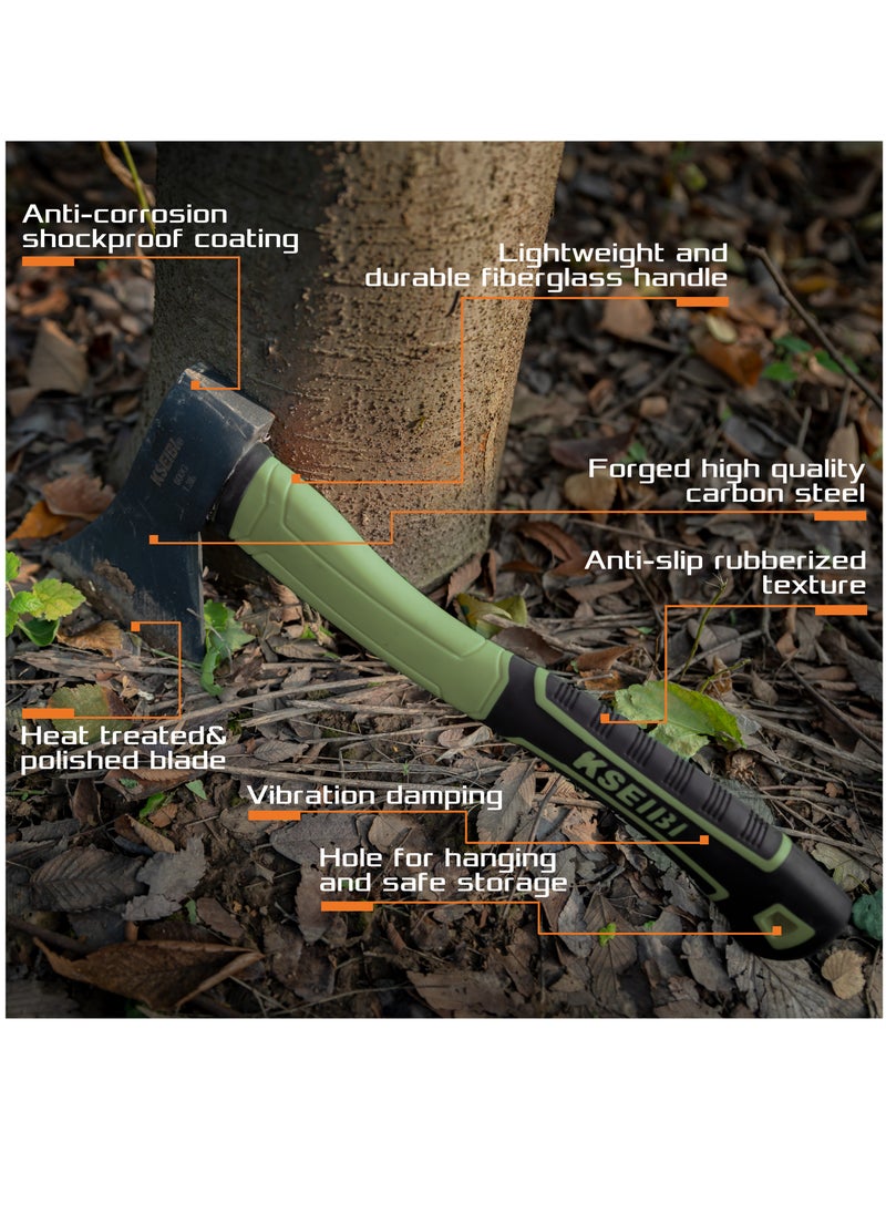 KSEIBI - Green Camp Hatchet with Sheath, Camping Axe for Splitting and Kindling Wood, Forged Steel Blade with Anti-Slip and Shock Reduction Handle Great Throwing Hatchets - Image 1