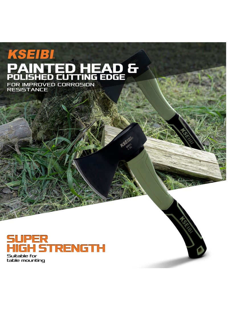 KSEIBI - Green Camp Hatchet with Sheath, Camping Axe for Splitting and Kindling Wood, Forged Steel Blade with Anti-Slip and Shock Reduction Handle Great Throwing Hatchets - Image 1