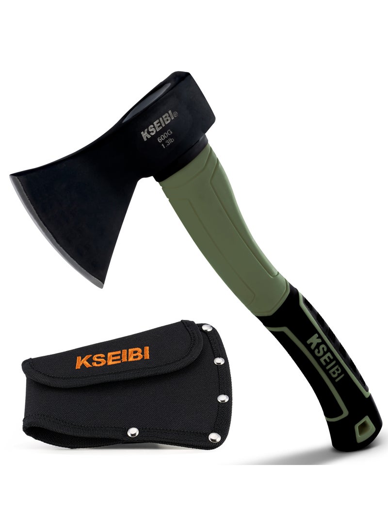KSEIBI - Green Camp Hatchet with Sheath, Camping Axe for Splitting and Kindling Wood, Forged Steel Blade with Anti-Slip and Shock Reduction Handle Great Throwing Hatchets - Image 1