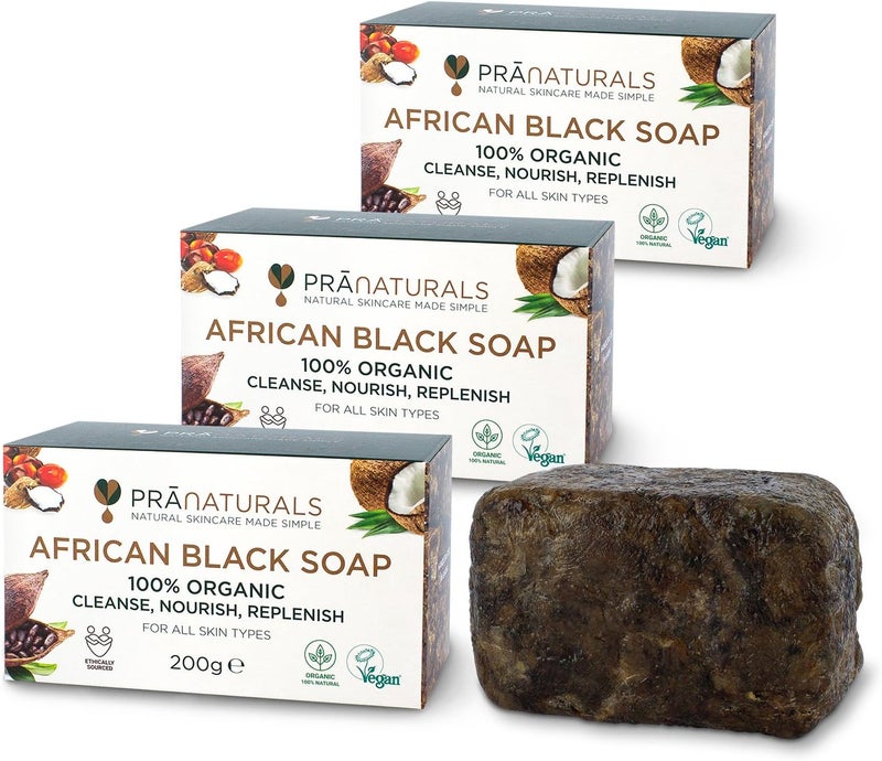 PraNaturals 100 Organic Raw African Black Soap 3x 200g Ethically Sourced and Handcrafted in Ghana For All Skin Types Detoxifying and AntiAgeing All Pure Natural Lotion Vegan Unprocessed