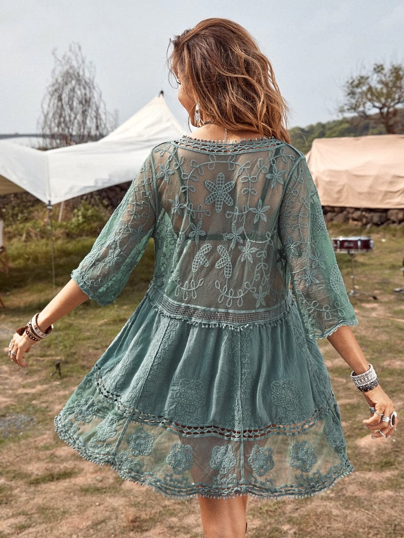 Eomenie Women's Contrast Lace Bathing Suit Cover Up V-Neck Swimsuit Coverups Loose Swimwear Beach Dress Beachwear Green - Image 2