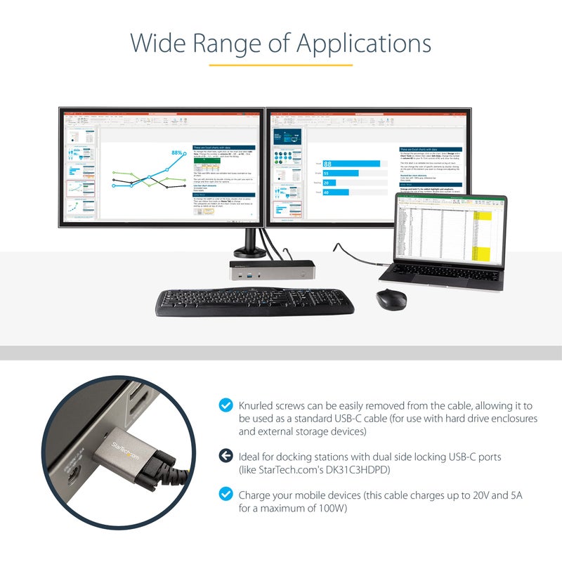 StarTech.com 3ft (1m) Side Screw Locking USB C Cable 10Gbps - USB 3.2 Gen 2 Type-C Cable - 100W (5A) Power Delivery Charging, DP Alt Mode - Dual Screw Lock - USB-C Cord Charge/Sync (USB31CCSLKV1M) - Image 4