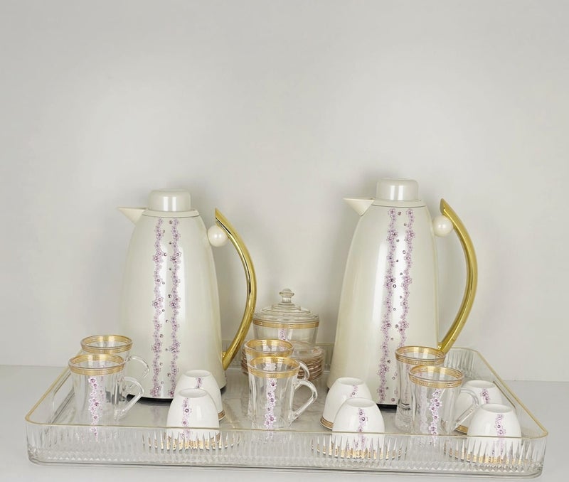 Radin Luxury Arabic Coffee & Tea Serving Set with Tray, Cups & Thermos Flasks – White & Gold Hospitality Set - Image 2
