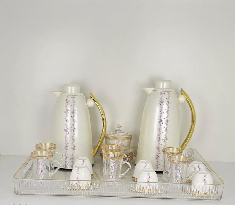 Radin Luxury Arabic Coffee & Tea Serving Set with Tray, Cups & Thermos Flasks – White & Gold Hospitality Set - Image 1