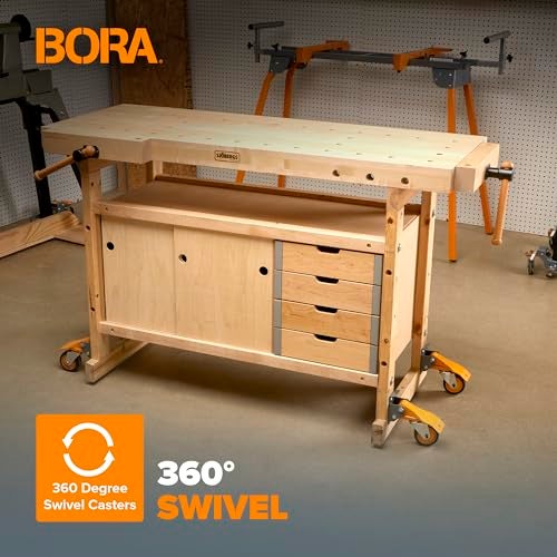 BORA Heavy Duty Workbench 4-Caster Set for Workshop Mobility, Swivel, Locking 155 Pound Non-Marking Rubber 3-inch Wheels, Total Weight Capacity of 620 pounds, Metal Foot Levers for Braking, PM-950 - Image 4