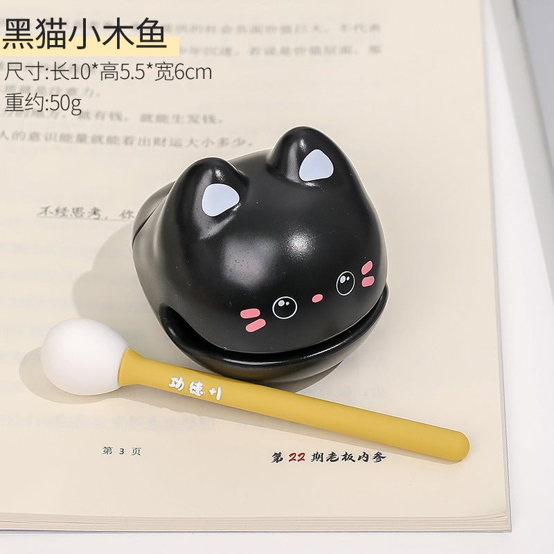 Cute Emotion Lotus Figurine Desk Decor Black Cat-small wooden fish 