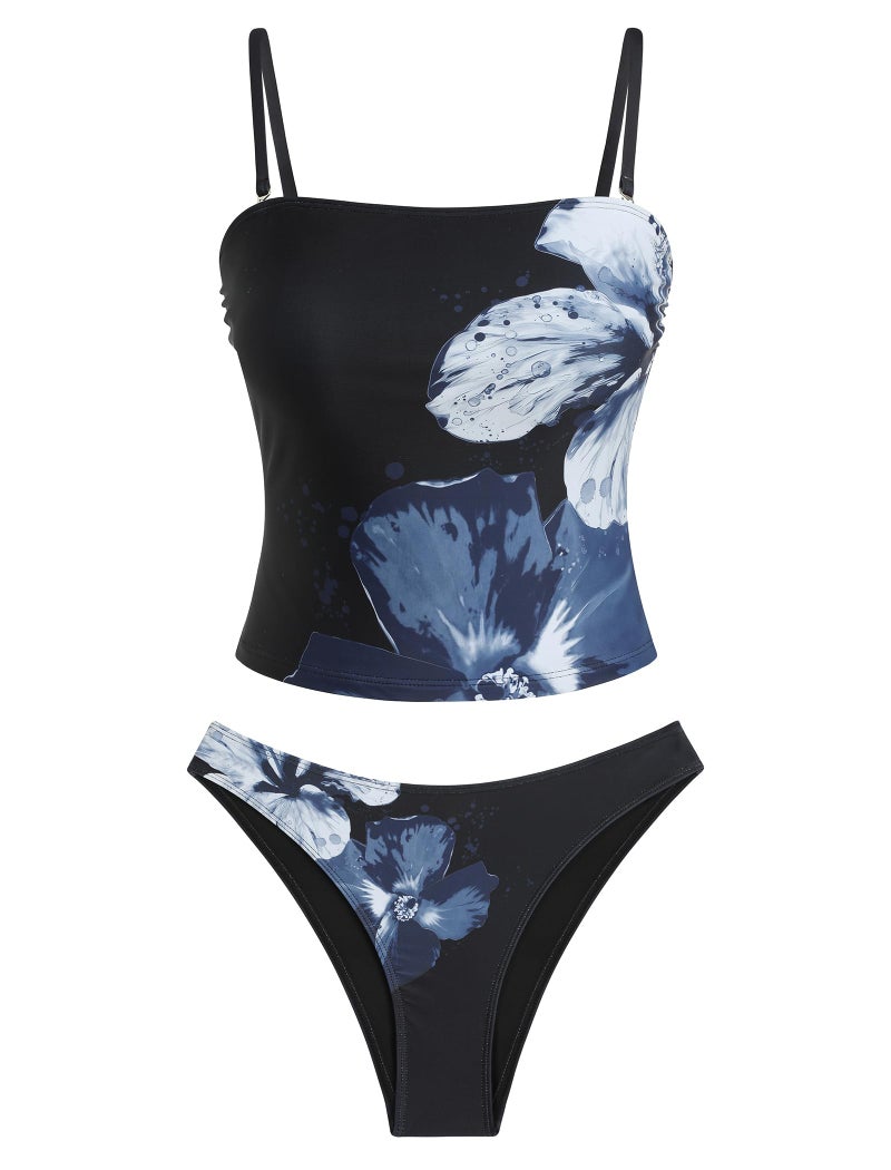 ZAFUL Women's Floral Tankini Swimsuits Bandeau Tummy Control High Cut Tankini Set Two Piece Bathing Suit(1-Blue Flower, M) - Image 1
