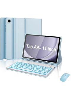 For Samsung Tablet A9Plus11 Inch Protective Case Backlit Bluetooth Keyboard Pen Slot Leather Case Spanish-Color:Tianyun Blue Leather Case + Pearl White Square Cap Backlight Keyboard + Mouse-Product Type:Samsung Tab A9 Plus 11inch /sm-x210/x216/x218