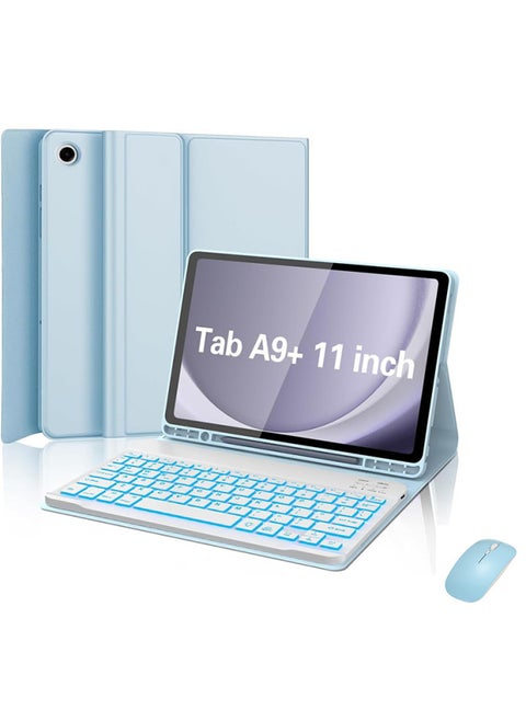 For Samsung Tablet A9Plus11 Inch Protective Case Backlit Bluetooth Keyboard Pen Slot Leather Case Spanish-Color:Tianyun Blue Leather Case + Pearl White Square Cap Backlight Keyboard + Mouse-Product Type:Samsung Tab A9 Plus 11inch /sm-x210/x216/x218
