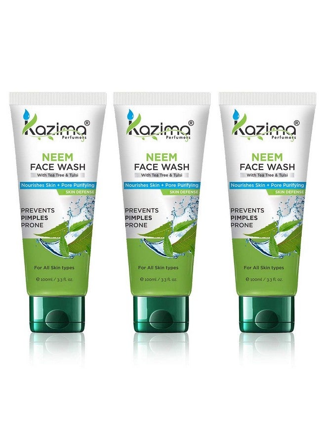 KAZIMA Neem Face Wash (Pack Of 3 Each 100Ml) With Tulsi & Tea Tree For Anti Pollution, Remove Anti Acne Pimples Scars, Nourishes Skin + Pore Purifying Skin Defense  - Image 1