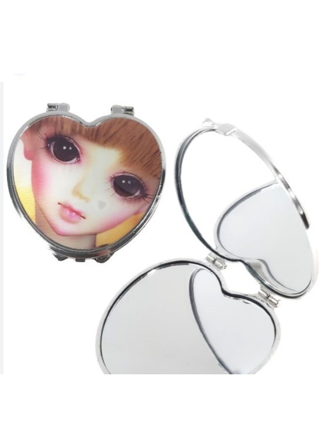 Compact Heart Mirror, Anime Girl Design, Silver, Portable Travel Makeup Mirror Multi-Shape - Image 1
