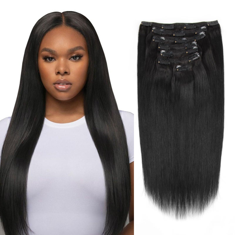 Sassina Virgin Brazilian Straight Clip In Human Hair Extensions Real Remi Seamless Hair Pieces For Black Women 120 Grams With 7 Pcs 17 Clips SS 20 Inch