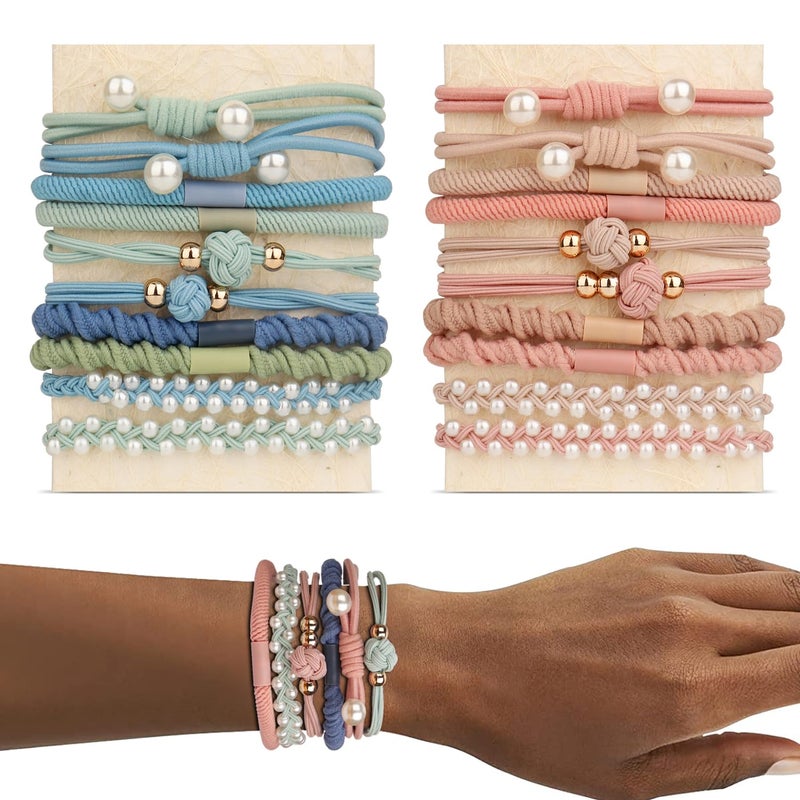 YONOY 20 Pcs Boho Style Pearldetailed Hair Tie Bracelets for Women DualUse Hair Ties for Thick Hair Nondamage Elastic 5 Styles 4 Colors Each