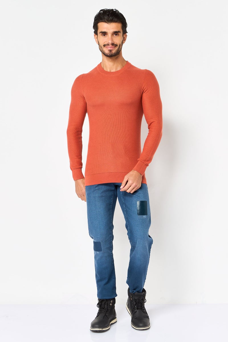 Celio Men Crew Neck Long Knitted Sweater, Orange - Image 2