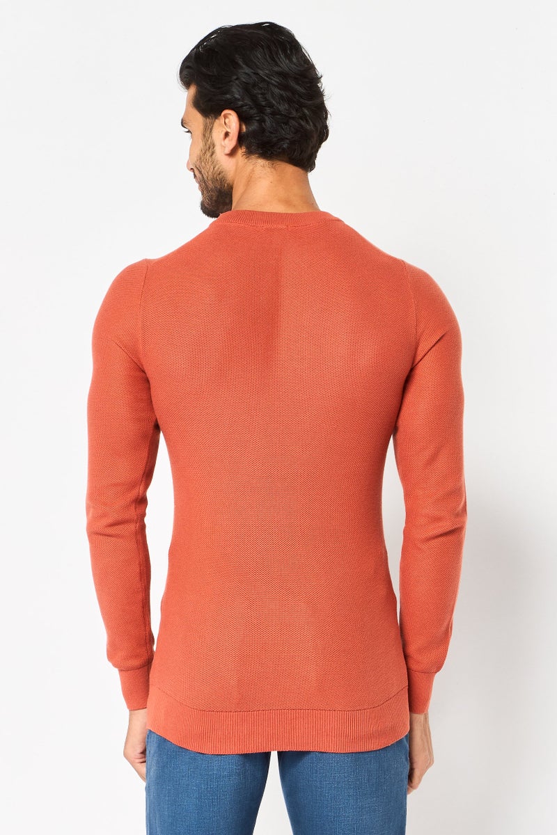 Celio Men Crew Neck Long Knitted Sweater, Orange - Image 4