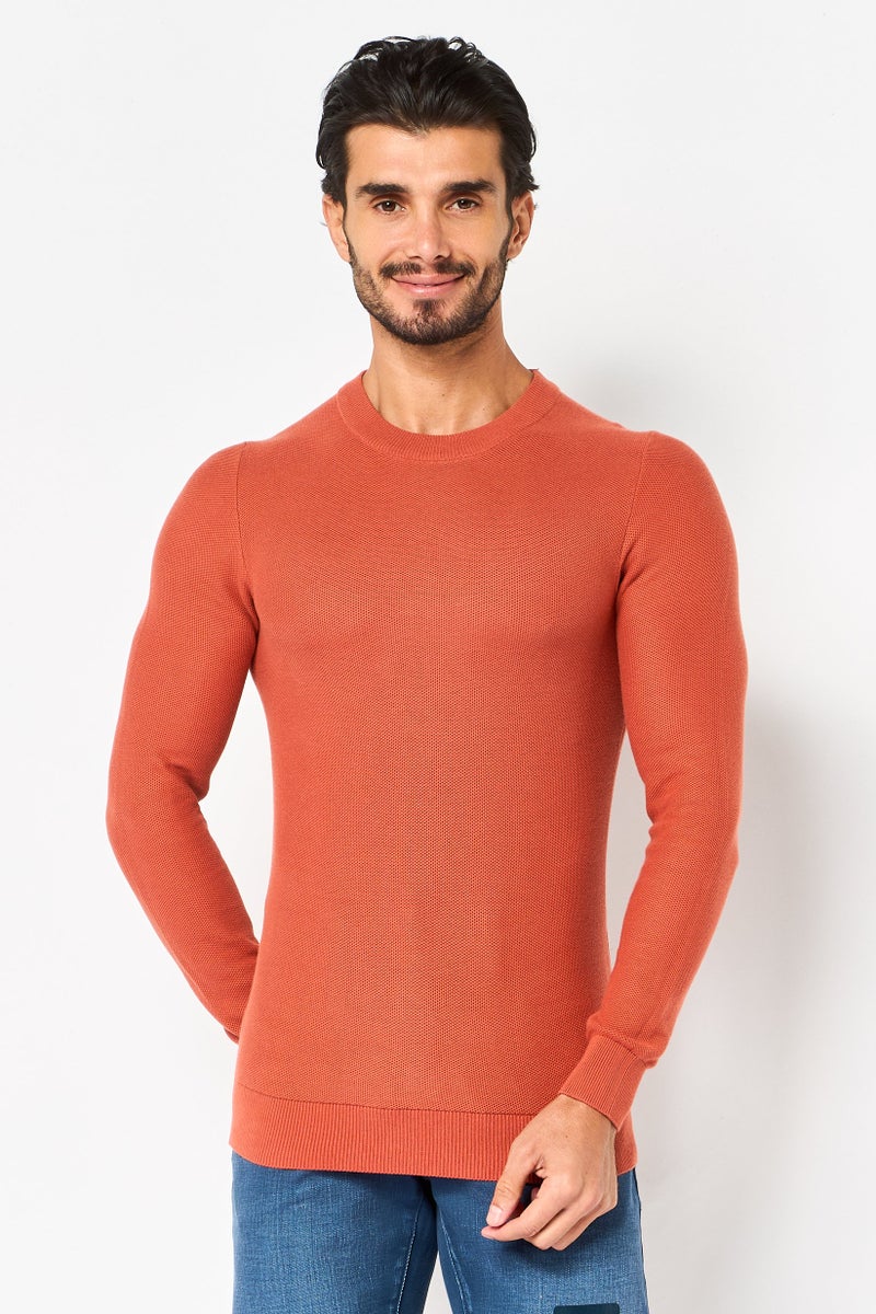 Celio Men Crew Neck Long Knitted Sweater, Orange - Image 1