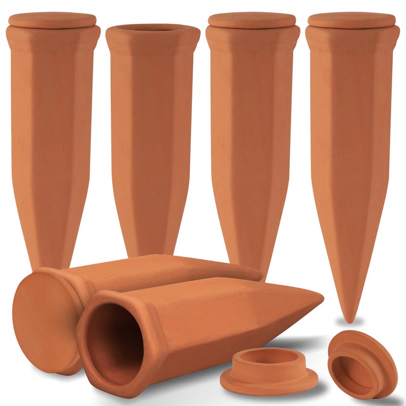 Soilagua Large Terracotta Watering Spikes with Lids, Automatic Plant Waterer Outdoor | Indoor, Vacation Friendly Clay Plant Watering Devices System, Slow Release Self Watering Planter Insert, 6 Pack - Image 1