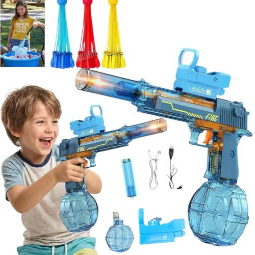 VikriDA 2-in-1 Automatic & Manual Electric Water Gun with LED Flashing Lights 500CC Water Blaster up to 32 ft Range Free Extra Rechargeable Battery & 111 Magic Balloons Poolside Water Play Toy - Image 1