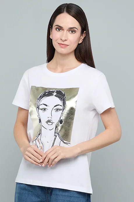أر أند بي Foil Print T-Shirt with Crew Neck and Short Sleeves