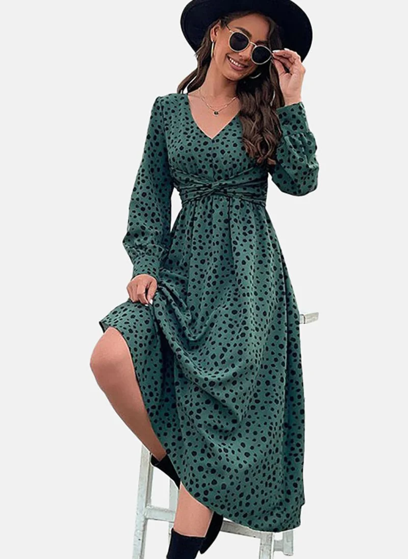 يونيكي Green Basic Animal Print V Neck Long Sleeve Dress