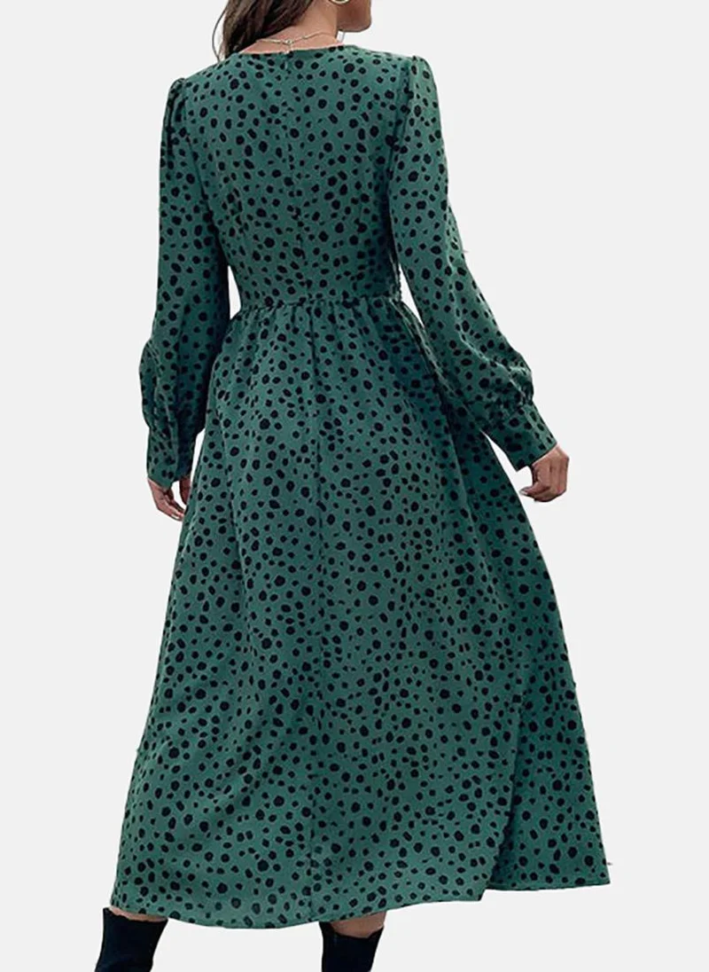 يونيكي Green Basic Animal Print V Neck Long Sleeve Dress