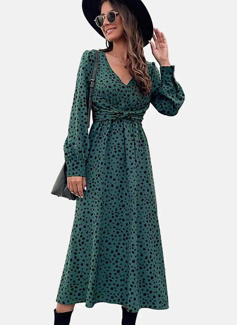 يونيكي Green Basic Animal Print V Neck Long Sleeve Dress