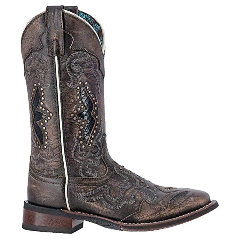 Laredo Womens Spellbound Studded Tooled Inlay Embroidered Square Toe Dress Boots Mid Calf Low Heel 12 Black Size 7 B