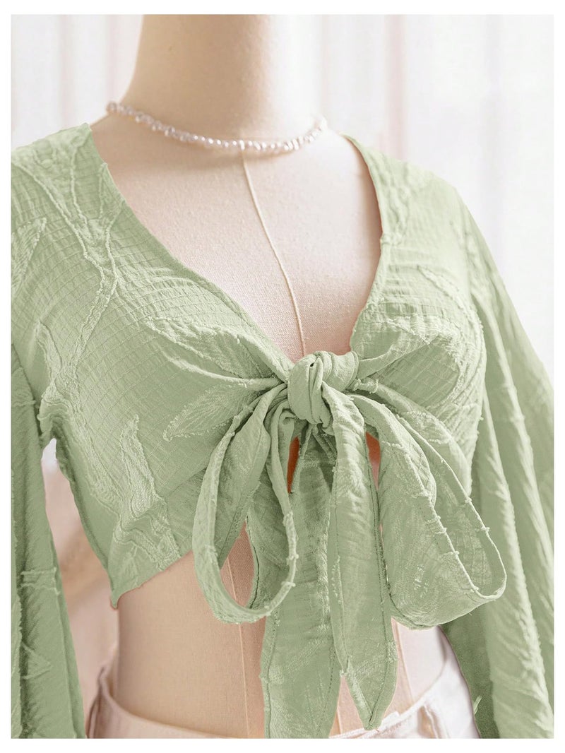 BEAUDRM Women's Boho Tops Wrap Western Country Concert 70s Outfits Tie Front Long Bell Sleeve Tops Hippie Disco Clothes Olive Green Medium - Image 4