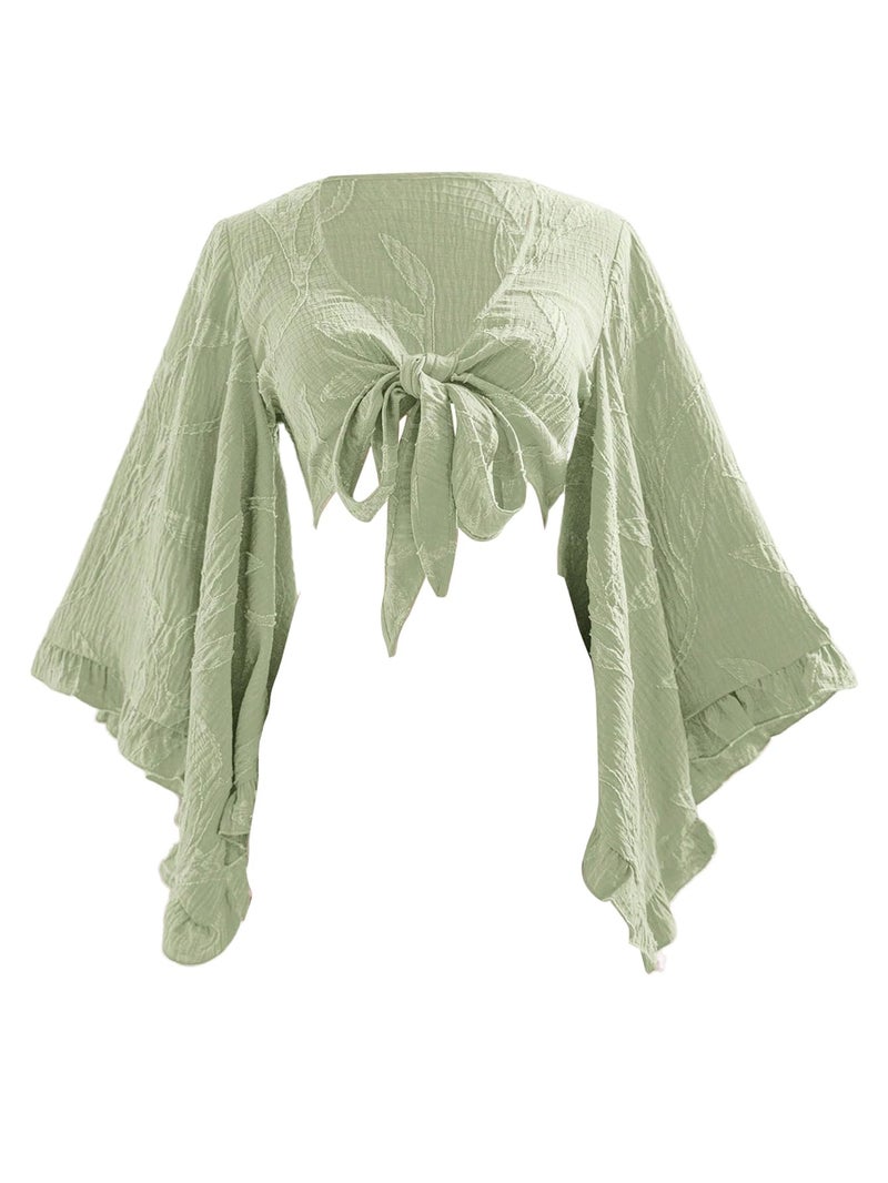 BEAUDRM Women's Boho Tops Wrap Western Country Concert 70s Outfits Tie Front Long Bell Sleeve Tops Hippie Disco Clothes Olive Green Medium - Image 1